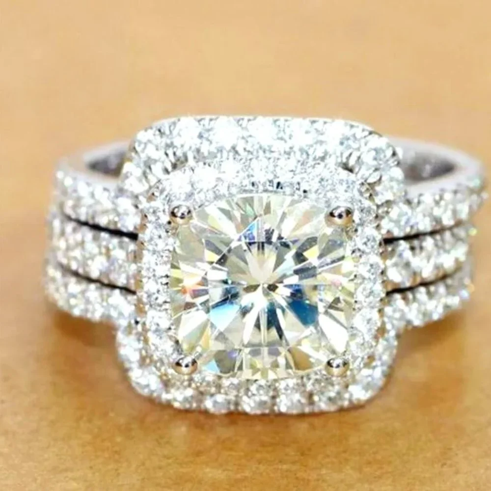 😍NEW 14K WHITE GOLD 3PCS/SET HALO BRIDAL STACK 💎DIAMOND RING SET, L121